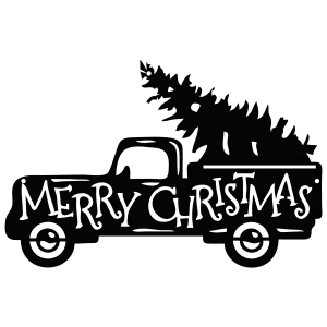 Aluminum wall art depicting a vintage pickup truck with 'Merry Christmas' written on the side. The truck carries a cut-out Christmas tree in the back. The piece is intricately designed with smooth edges and clean lines, creating a nostalgic holiday scene.